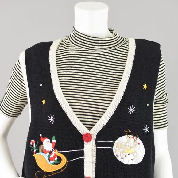 Holiday Editions Black Christmas Santa Sweater Vest Women's Extra Large - Picture 2 of 10